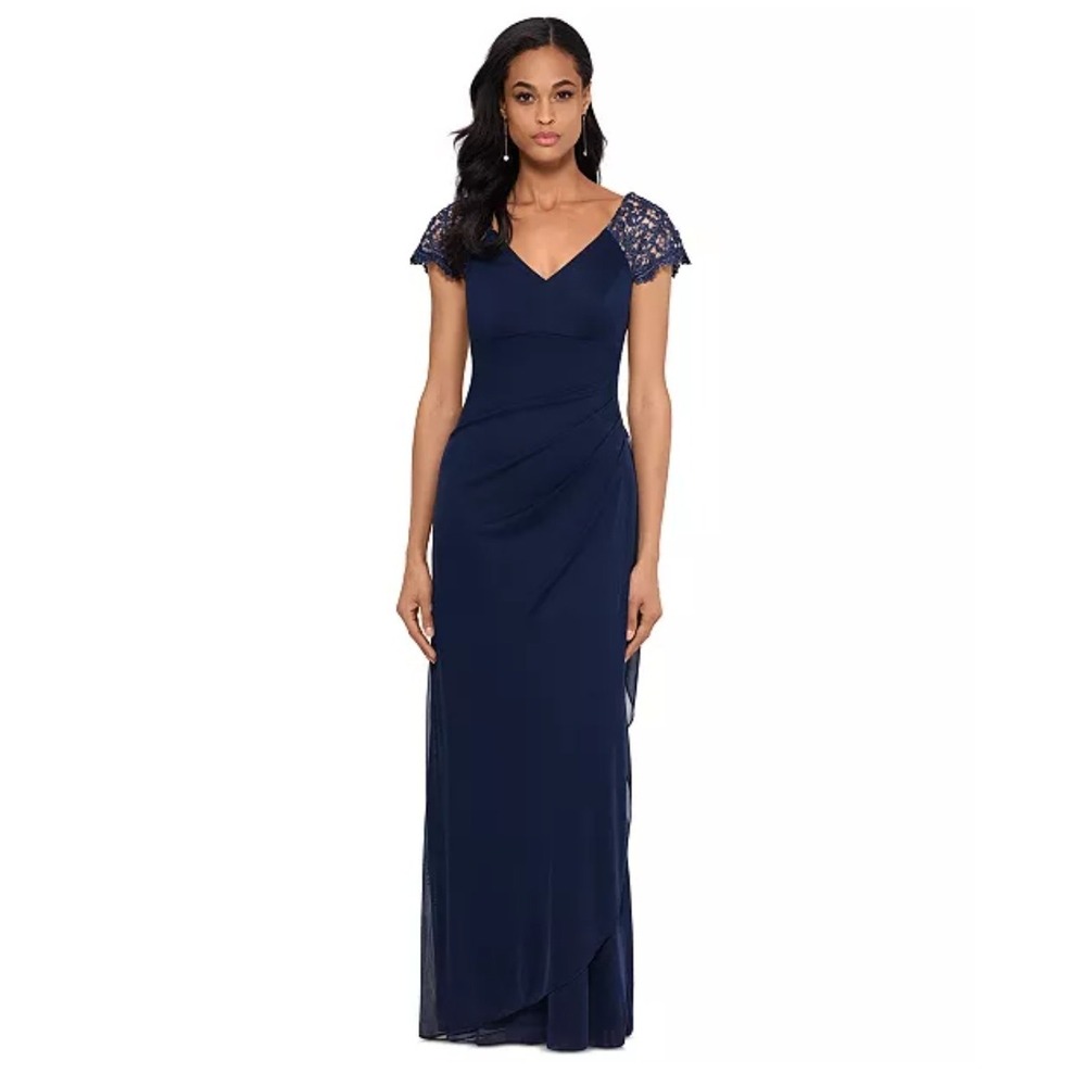 New Xscape Lace Cap Sleeve V Neck Ruched Chiffon Beaded Gown Dress Navy Blue 8